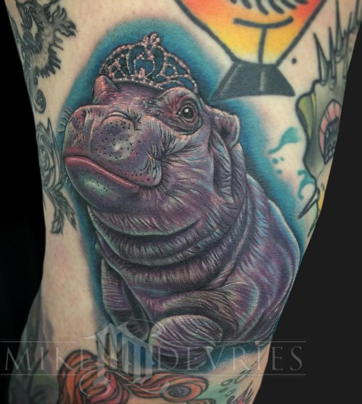 Mike DeVries Tattoos Body Part Leg Baby Hippo Tattoo